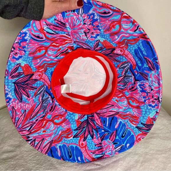 Lilly Pulitzer Ruby Red Sun Hat Wild Times Pink Blue Wide Brim Tropical Beachy - Picture 6 of 14